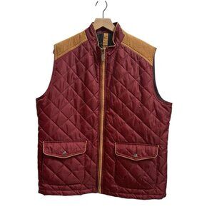 Alan Flusser Mens Quilted Full Zip Vest English Style Maroon Corduroy Trim Sz XL